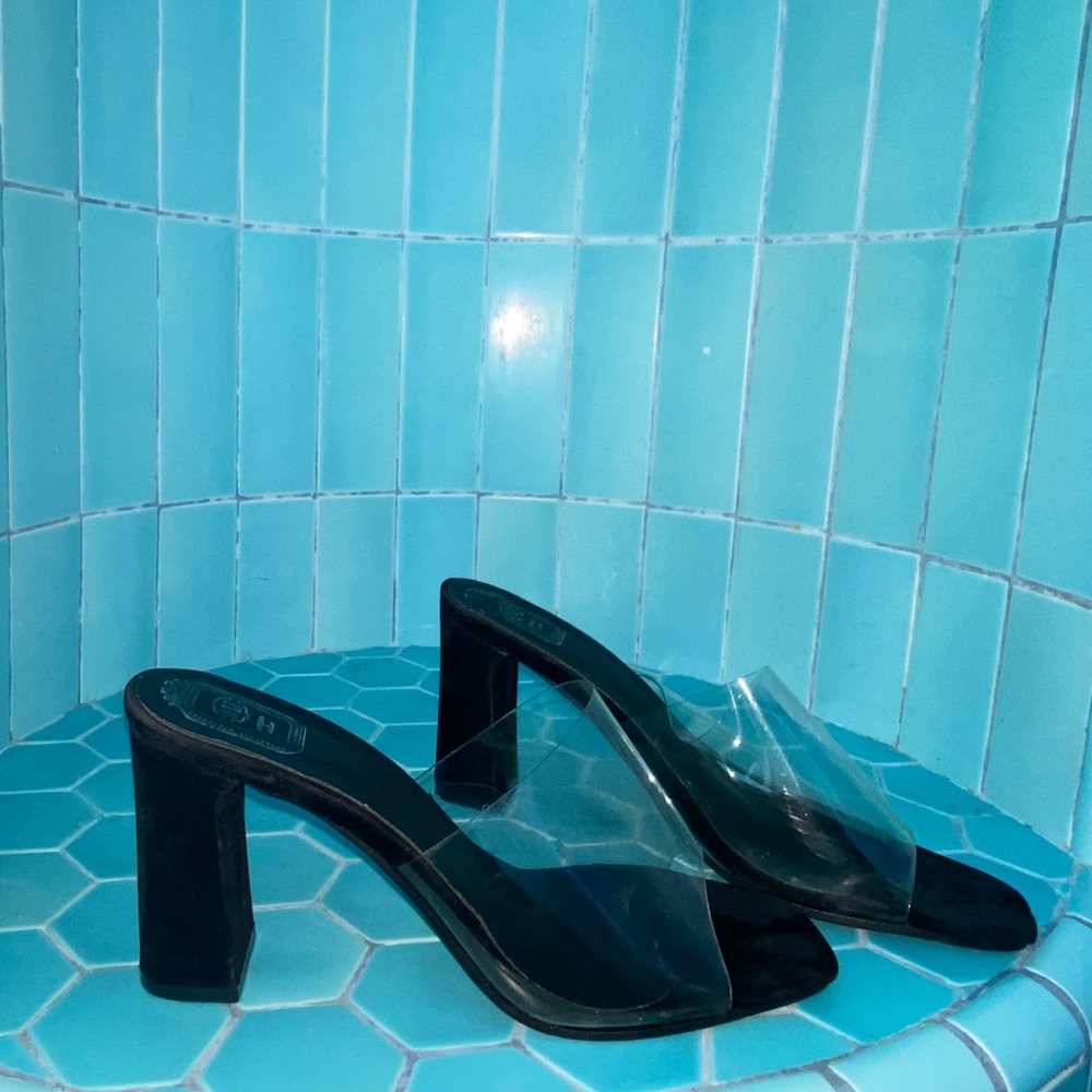 Black and clear heeled sandals